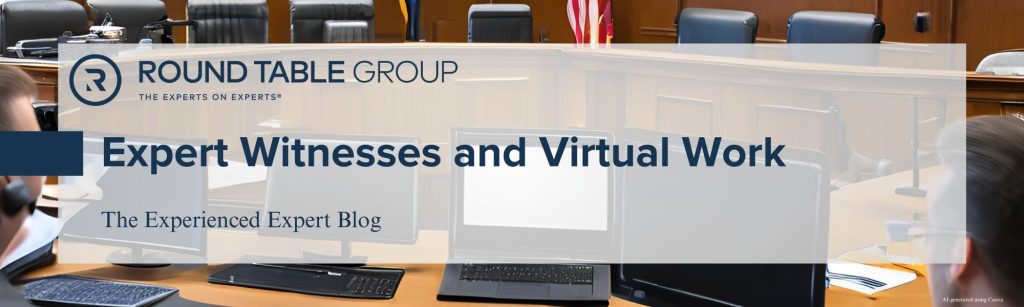 AI-generated concept of virtual meeting in a courtroom.